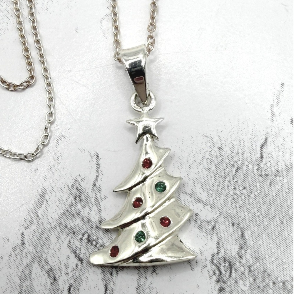 Sterling Silver Christmas Tree Pendant 18" Necklace 925 Red Green Holiday